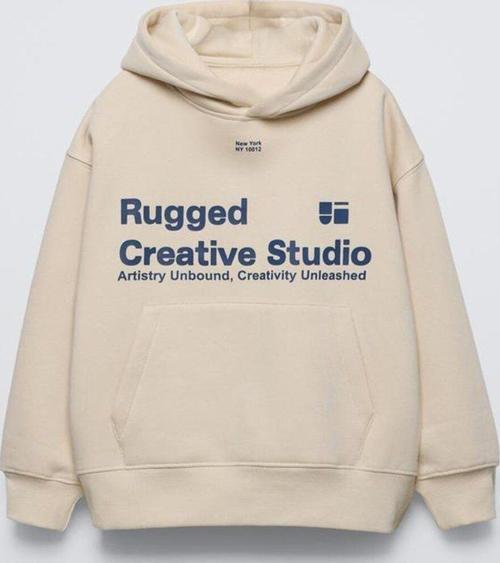 Bej Çocuk Rugged Creative Stüdyo Baskılı Oversize Kapüşonlu Kanguru Cepli Sweatshirt
