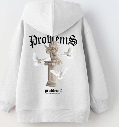 Kapüşonlu Içi Polar Problems Yazılı Heykel Baskılı Beyaz Unisex Çocuk Hoodie Sweatshirt
