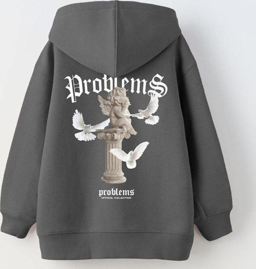 Kapüşonlu Içi Polar Problems Yazılı Heykel Baskılı Füme Unisex Çocuk Hoodie Sweatshirt