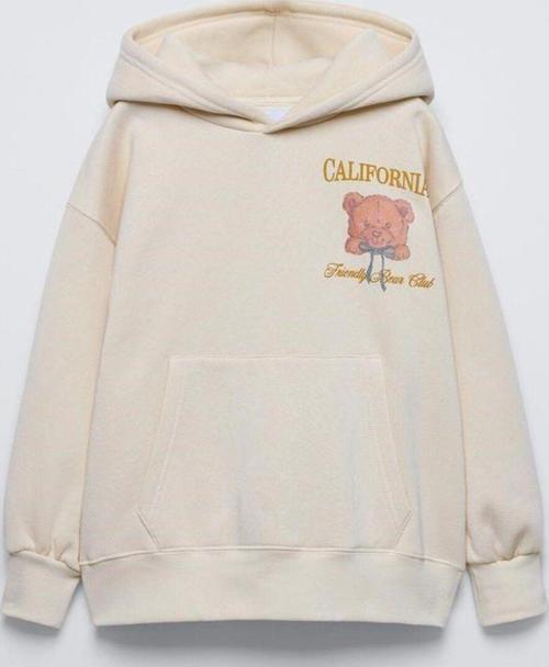 Bej Çocuk Ayıcık Baskılı California Friendly Bear Club Yazılı Kanguru Cepli Oversize Kapüşonlu Sweat