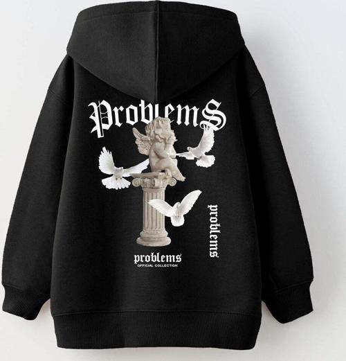Kapüşonlu Içi Polar Problems Yazılı Heykel Baskılı Siyah Unisex Çocuk Hoodie Sweatshirt