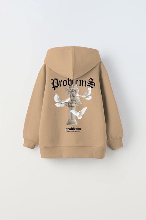 Kapüşonlu Içi Polar Problems Yazılı Heykel Baskılı Bej Unisex Çocuk Hoodie Sweatshirt