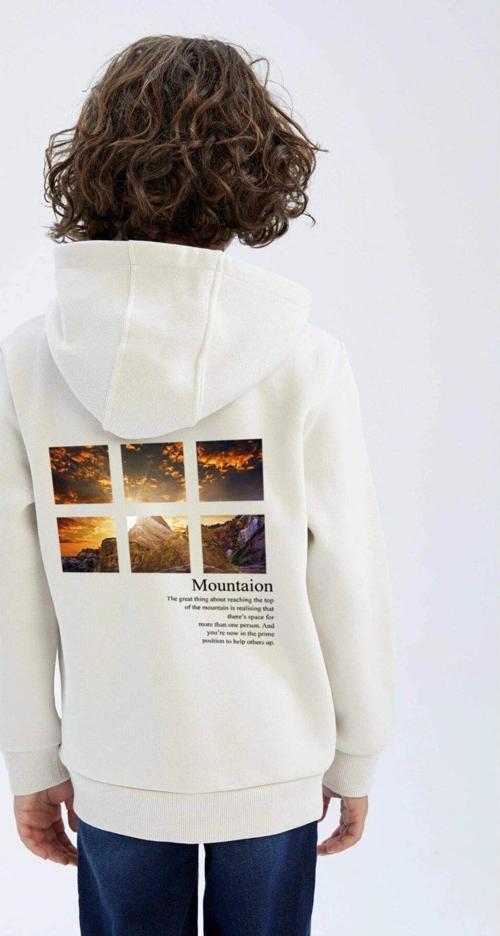 Kapüşonlu Içi Polar Dağ Baskılı Beyaz Unisex Çocuk Sweatshirt