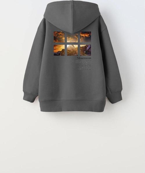 Kapüşonlu Içi Polar Dağ Baskılı Füme Unisex Çocuk Sweatshirt