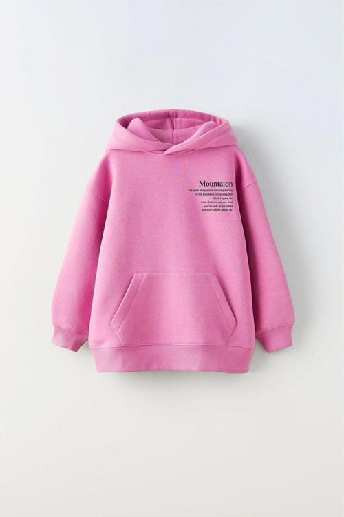 Kapüşonlu Içi Polar Dağ Baskılı Pembe Unisex Çocuk Sweatshirt