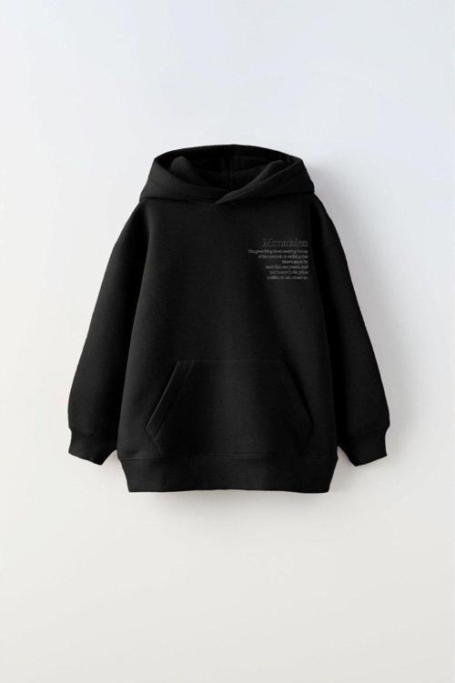 Kapüşonlu Içi Polar Dağ Baskılı Siyah Unisex Çocuk Sweatshirt