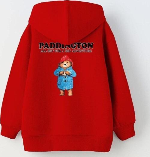 Kapüşonlu Içi Polar Paddington Yazılı Ayı Figür Baskılı Kırmızı Unisex Çocuk Hoodie Sweatshirt