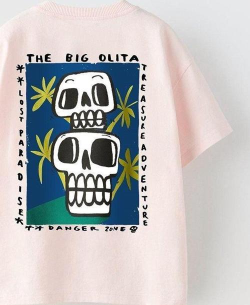 The Big Olita Yazılı Kuru Kafa Tasarım Baskılı Pembe Çocuk T-Shirt