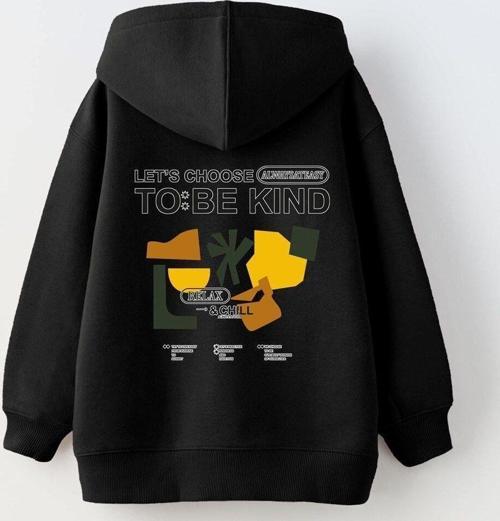Kapüşonlu İçi Polar Let'S Choose To Be Kind Baskılı Siyah Unisex Çocuk Hoodie Sweatshirt