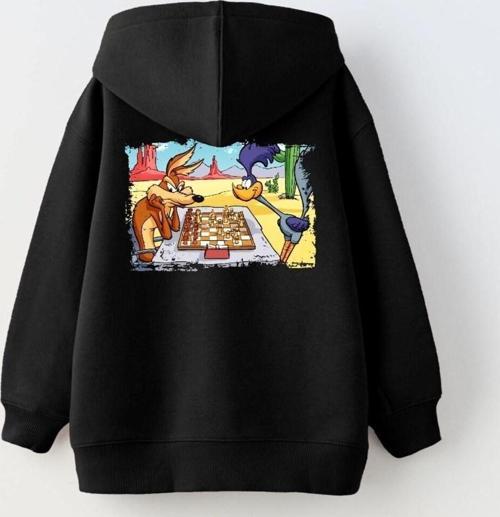 Kapüşonlu Içi Polar Satranç Cartoon Baskılı Siyah Unisex Çocuk Hoodie Sweatshirt