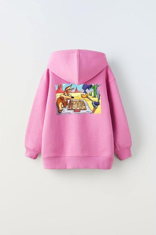 Kapüşonlu Içi Polar Satranç Cartoon Baskılı Pembe Unisex Çocuk Hoodie Sweatshirt