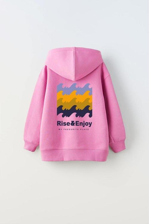 Kapüşonlu Içi Polar Rise And Enjoy Baskılı Pembe Unisex Çocuk Hoodie Sweatshirt
