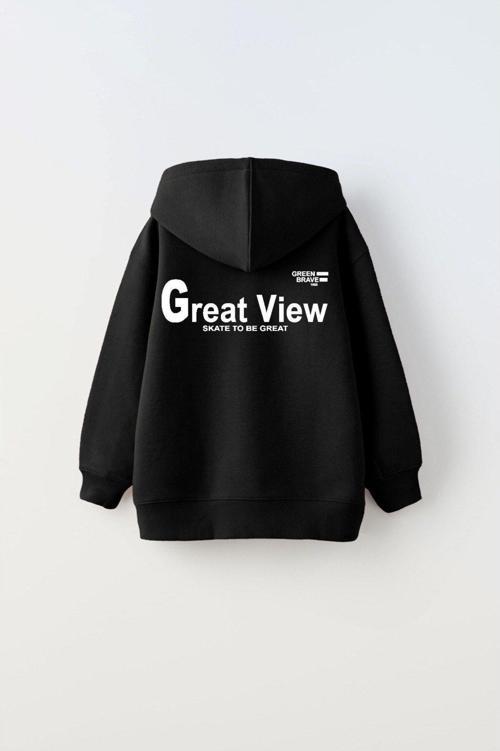 Kapüşonlu Içi Polar Great View Yazı Baskılı Siyah Unisex Çocuk Hoodie Sweatshirt