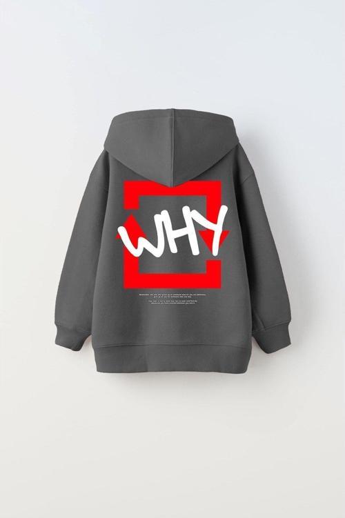 Kapüşonlu Içi Polar Why Baskılı Füme Unisex Çocuk Hoodie Sweatshirt
