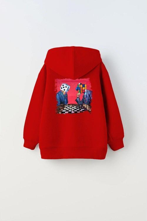 Kapüşonlu Içi Polar Satranç Baskılı Kırmızı Unisex Çocuk Hoodie Sweatshirt