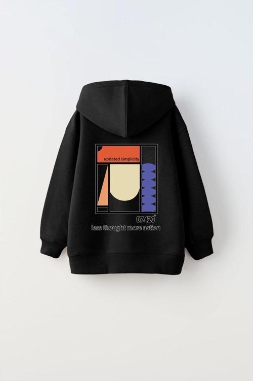 Kapüşonlu Içi Polar Updated Simplicity Baskılı Siyah Unisex Çocuk Hoodie Sweatshirt