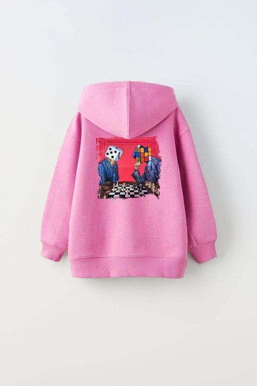 Kapüşonlu Içi Polar Satranç Baskı Pembe Unisex Çocuk Hoodie Sweatshirt