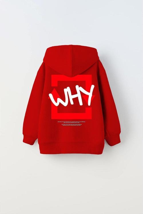 Kapüşonlu Içi Polar Why Baskılı Kırmızı Unisex Çocuk Hoodie Sweatshirt