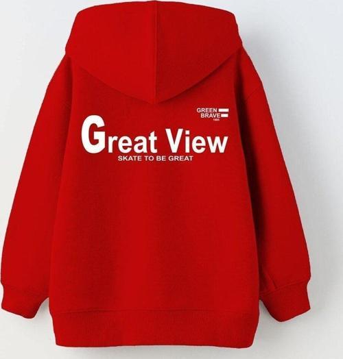 Kapüşonlu Içi Polar Great View Yazı Baskılı Kırmızı Unisex Çocuk Hoodie Sweatshirt