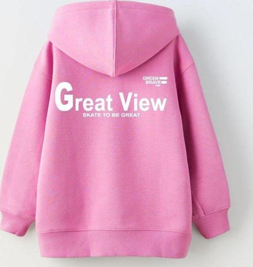 Kapüşonlu Içi Polar Great View Yazı Baskılı Pembe Unisex Çocuk Hoodie Sweatshirt