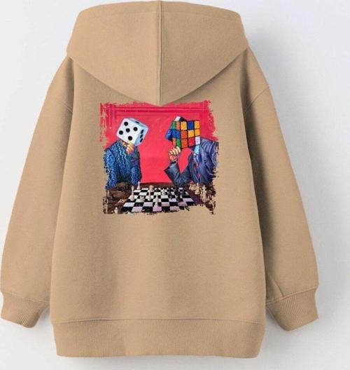Kapüşonlu Içi Polar Satranç Baskılı Bej Unisex Çocuk Hoodie Sweatshirt
