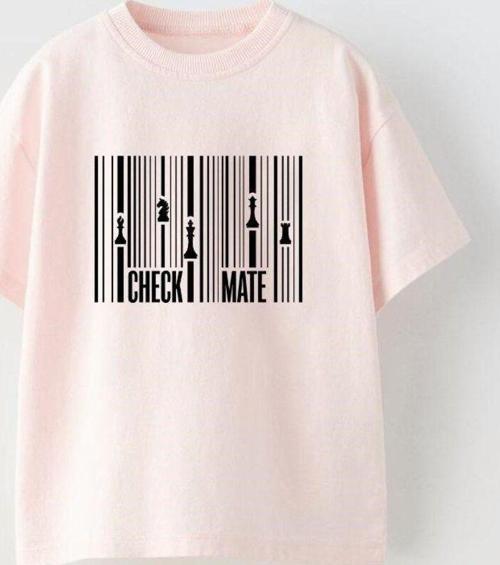Check Mate Yazılı Satranç Çizgi Tasarım Baskılı Pembe Çocuk T-Shirt