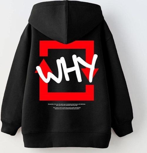 Kapüşonlu Içi Polar Why Baskılı Siyah Unisex Çocuk Hoodie Sweatshirt