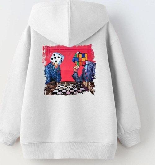 Kapüşonlu Içi Polar Satranç Baskılı Beyaz Unisex Çocuk Hoodie Sweatshirt