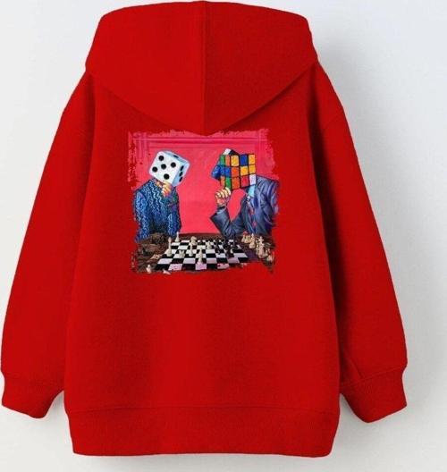 Kapüşonlu Içi Polar Satranç Baskılı Kırmızı Unisex Çocuk Hoodie Sweatshirt