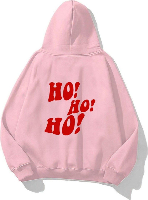 Kapüşonlu Içi Polar Ho! Ho! Ho! Christmas Yazı Baskılı Pembe Unisex Sweatshirt