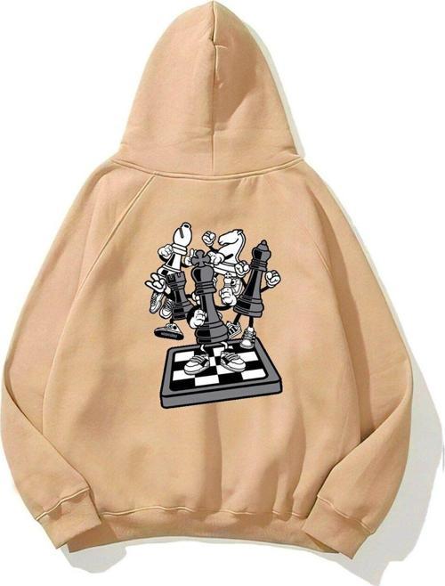 Kapüşonlu Içi Polar Satranç Think Baskılı Bej Unisex Hoodie Oversize Hoodie Sweatshirt