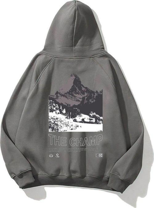 Kapüşonlu Içi Polar The Champ Dağ Baskılı Füme Unisex Hoodie Sweatshirt