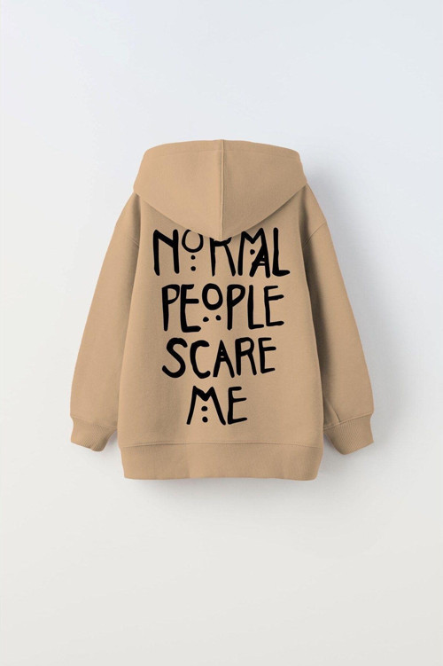 Kapüşonlu Içi Polar Normal People Scare Me Baskılı Bej Unisex Çocuk Hoodie Sweatshirt
