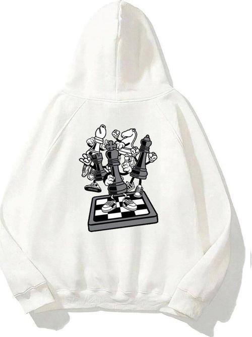 Kapüşonlu Içi Polar Satranç Think Baskılı Beyaz Unisex Oversize Hoodie Sweatshirt