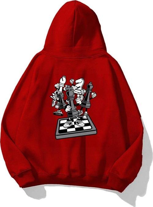 Kapüşonlu Içi Polar Satranç Think Baskılı Kırmızı Unisex Oversize Hoodie Sweatshirt
