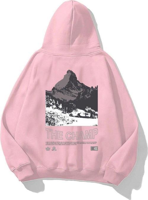 Kapüşonlu İçi Polar The Champ Dağ Baskılı Pembe Unisex Sweatshirt