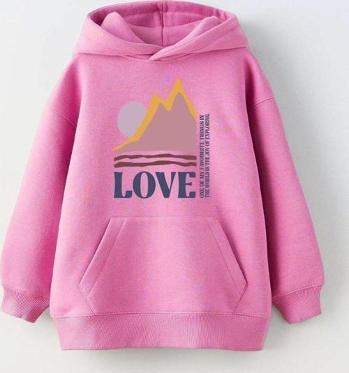 Kapüşonlu Içi Polar Love Yazı Baskılı Pembe Unisex Çocuk Hoodie Sweatshirt