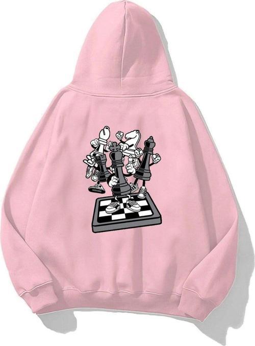 Kapüşonlu Içi Polar Satranç Think Baskılı Pembe Unisex Oversize Hoodie Sweatshirt
