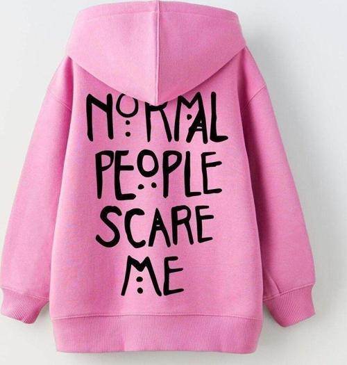 Kapüşonlu Içi Polar Normal People Scare Me Baskılı Pembe Unisex Çocuk Hoodie Sweatshirt