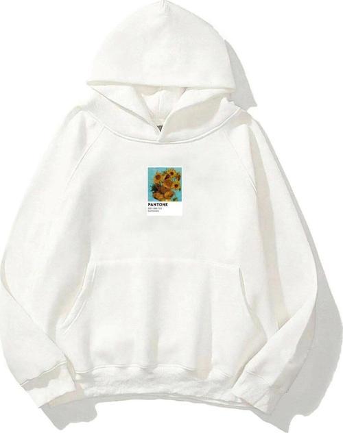Kapüşonlu Içi Polar Sunflowers Baskılı Beyaz Unisex Oversize Hoodie Sweatshirt