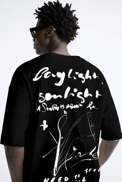 Bisiklet Yaka Bay Light Son Light Baskılı Siyah Oversize Erkek T-Shirt
