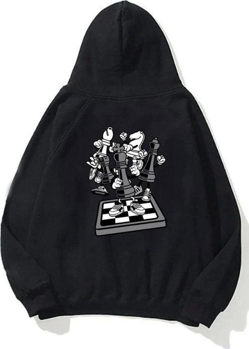 Kapüşonlu Içi Polar Satranç Think Baskılı Siyah Unisex Oversize Hoodie Sweatshirt