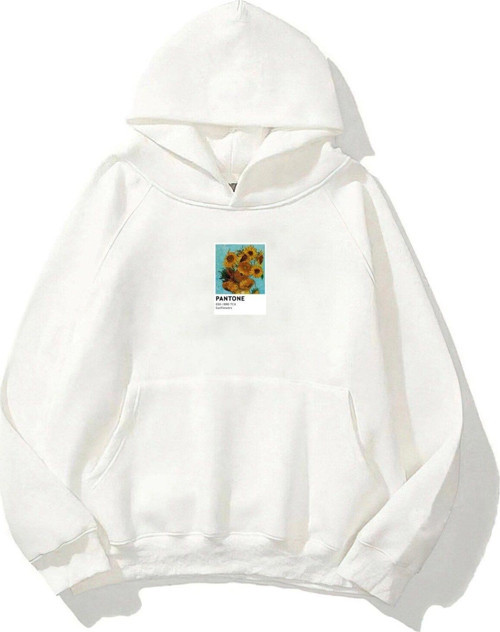 Kapüşonlu Içi Polar Sunflowers Baskılı Beyaz Unisex Oversize Hoodie Sweatshirt