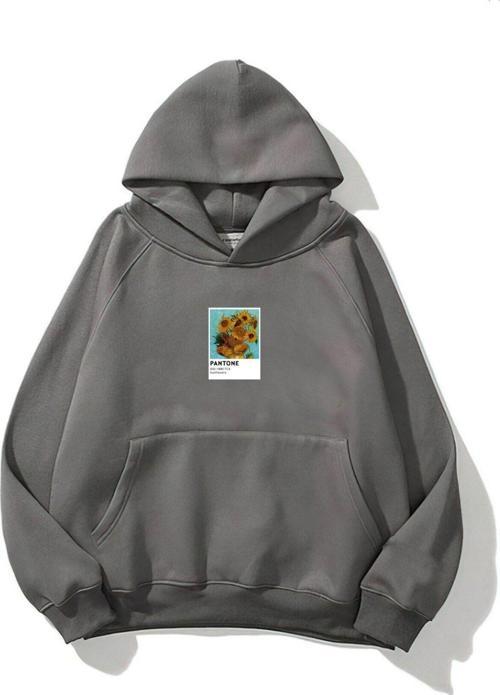 Kapüşonlu Içi Polar Sunflowers Baskılı Füme Unisex Oversize Hoodie Sweatshirt