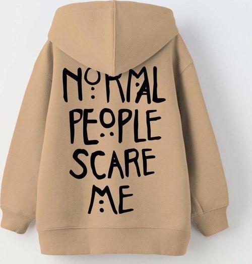 Kapüşonlu Içi Polar Normal People Scare Me Baskılı Bej Unisex Çocuk Hoodie Sweatshirt