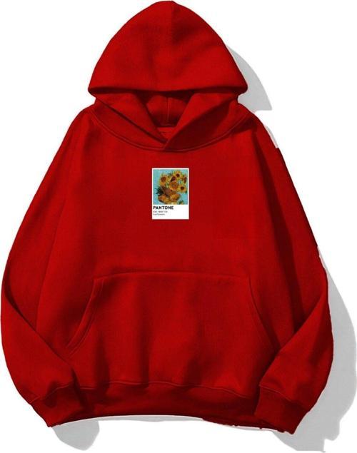 Kapüşonlu Içi Polar Sunflowers Baskılı Kırmızı Unisex Oversize Hoodie Sweatshirt