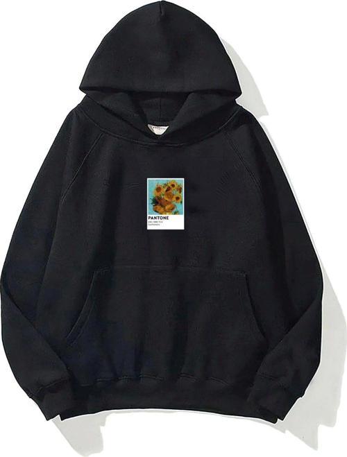 Kapüşonlu Içi Polar Sunflowers Baskılı Siyah Unisex Oversize Hoodie Sweatshirt