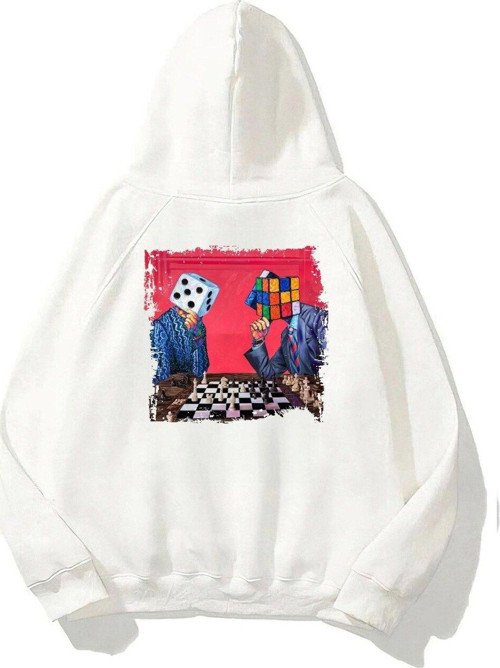 Kapüşonlu Içi Polar Satranç Baskılı Beyaz Unisex Oversize Hoodie Sweatshirt