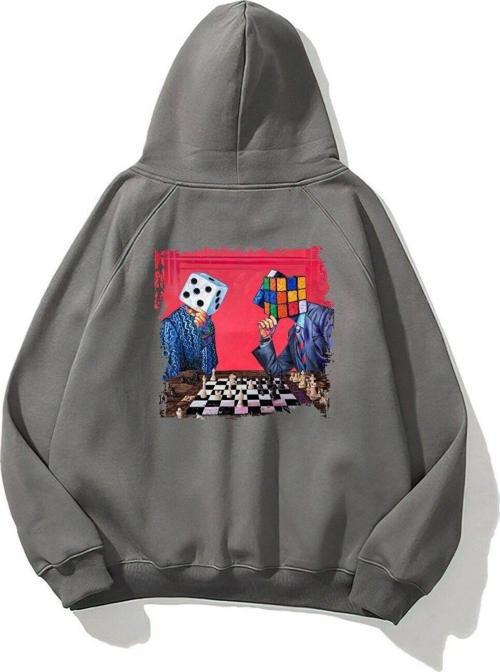 Kapüşonlu Içi Polar Satranç Baskılı Füme Unisex Oversize Hoodie Sweatshirt
