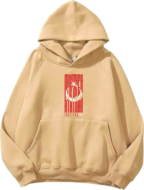 Kapüşonlu Içi Polar Türk Bayrağı Baskılı Bej Unisex Sweatshirt